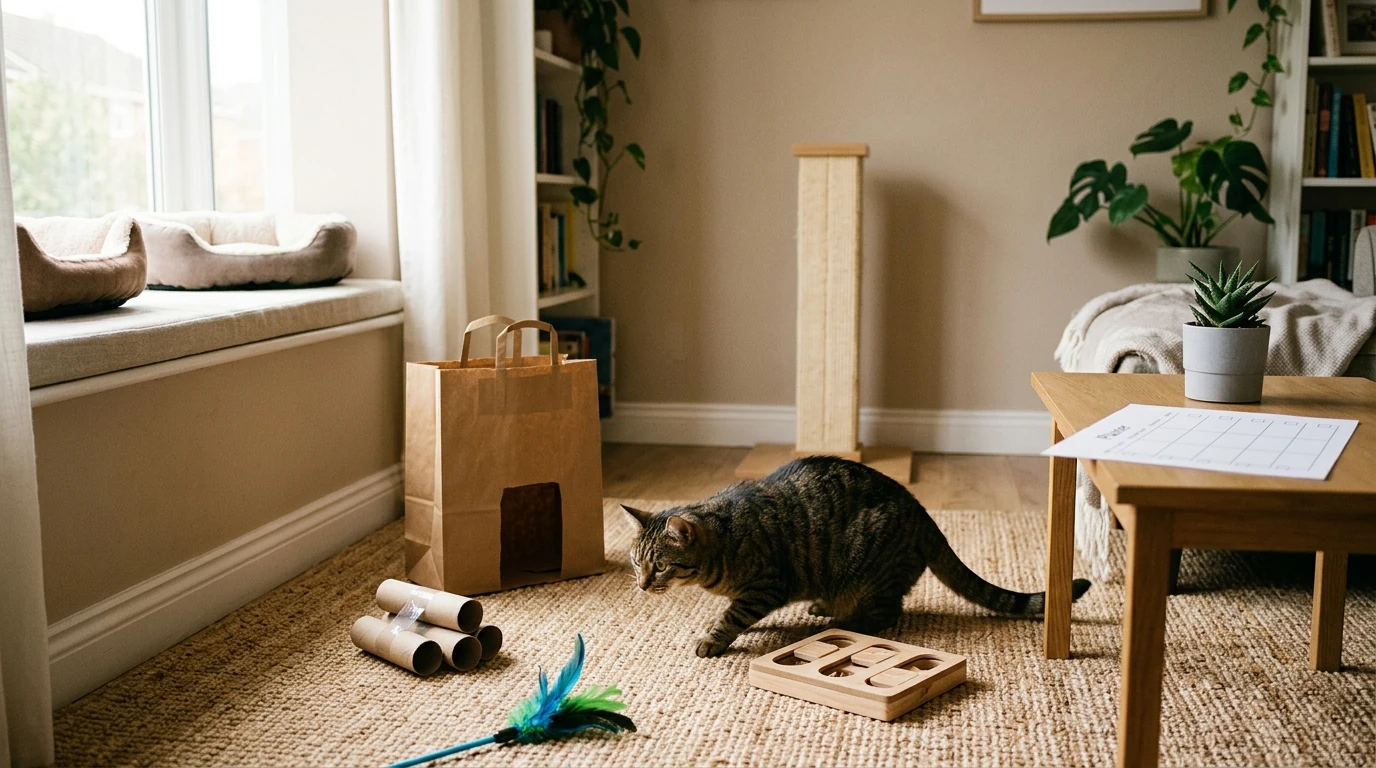 Indoor Cat Enrichment: DIY Toys, Play Routines & Home Tips