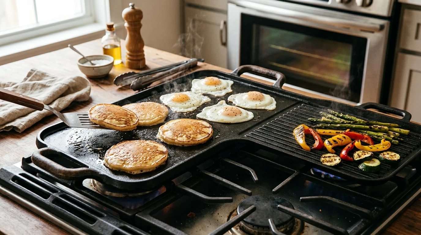 Reversible Cast Iron Griddle: Smooth & Ribbed Cooking