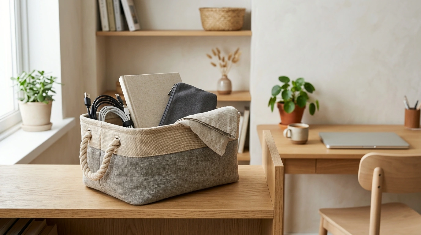 Rope-Handle Cotton & Linen Basket for Clutter Control