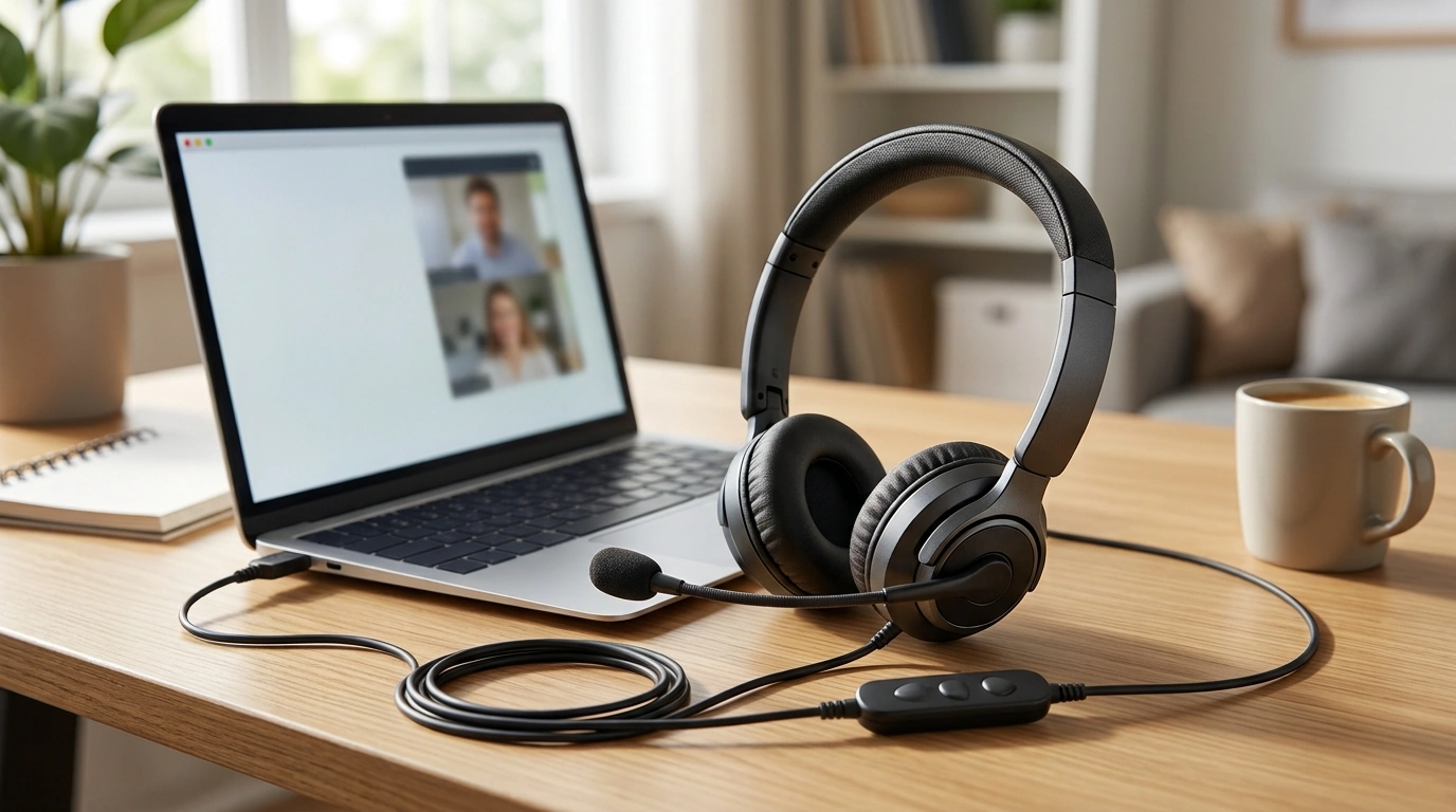 USB Wired Headset: Noise-Cancelling Mic + In-Line Control