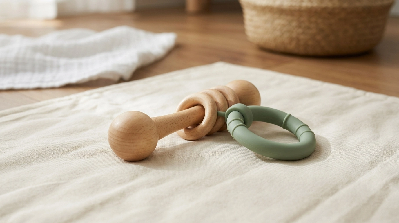 Wooden Rattle & Silicone Teether Ring: Montessori Toy